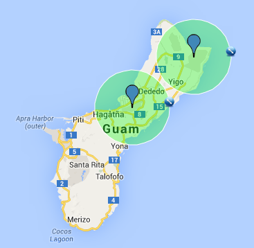 5-мильные радиусы вокруг аэропортов на Гуаме
