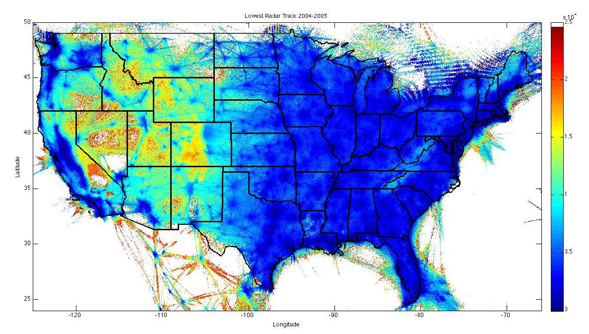 Самая низкая высота с радиолокационным покрытием в США на основе данных ETMS